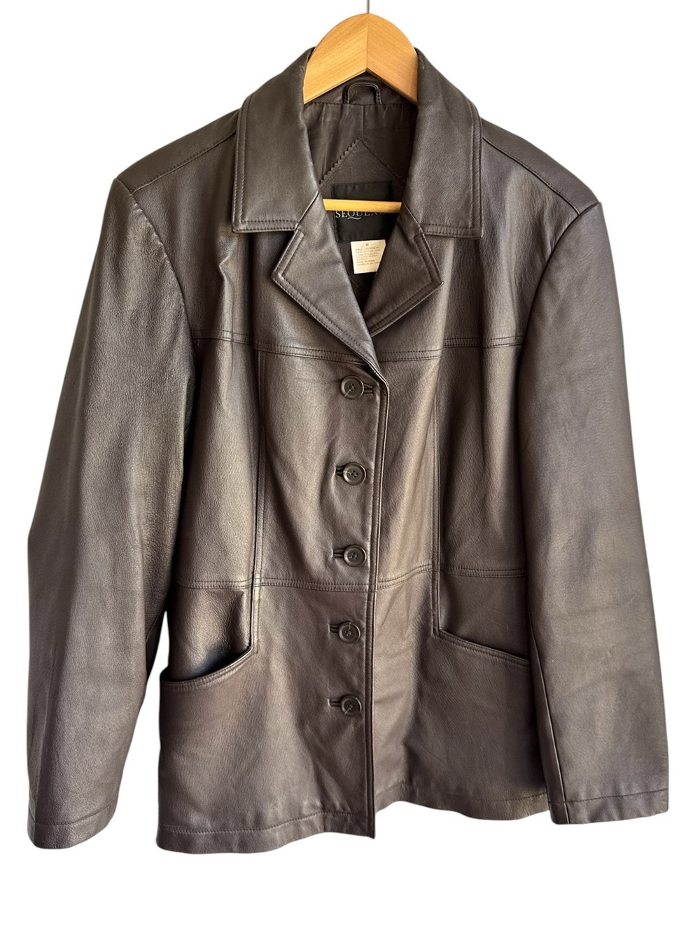 Vtg Leather Jacket Womens 12 Dark Brown 90s Blazer Style Button Front Coat